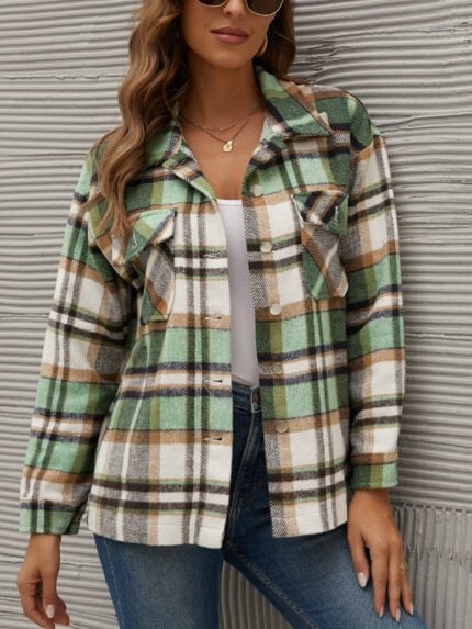 Geometric Plaid Print Pocketed Jacket