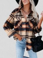 Geometric Plaid Print Pocketed Jacket