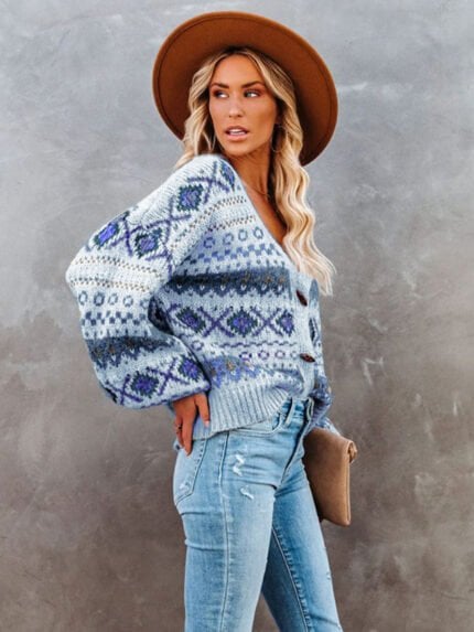 Geometric Print V-neck Cardigan Knitted Sweater