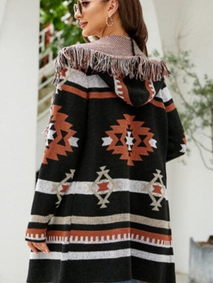 Geometric jacquard fringed hooded cardigan