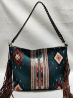 Geometric print fringed shoulder bag