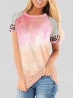 Wholesale Gradient Stripe Leopard Panel T-Shirt