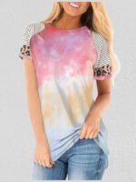 Wholesale Gradient Stripe Leopard Panel T-Shirt