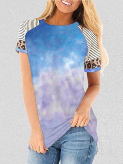 Wholesale Gradient Stripe Leopard Panel T-Shirt