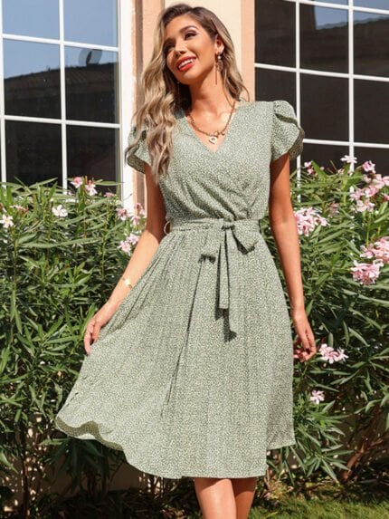 Green Leopard Pleated V-Neck Dress