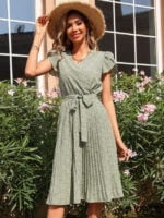 Green Leopard Pleated V-Neck Dress