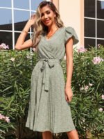 Green Leopard Pleated V-Neck Dress