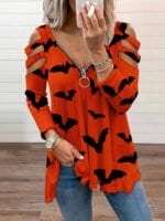 Halloween Bat Print Hollow Zipper Tee