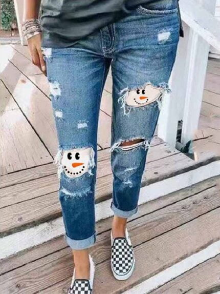 Halloween Funny Print Ripped Jeans-Wholesale