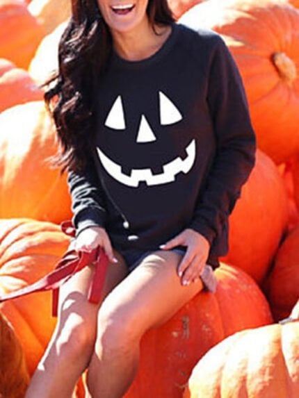 Halloween Pumpkin Print Solid Sweatshirt