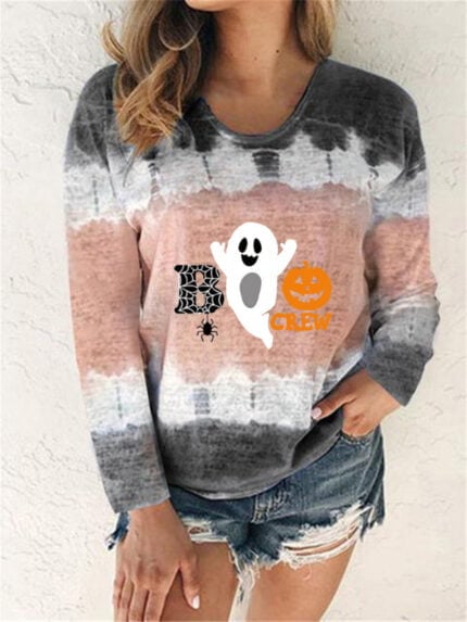 Wholesale Halloween Pumpkin Tie-dye Print Long-sleeve Tee