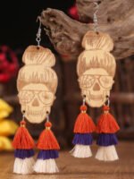 Halloween Skull Tassel Decor Wooden Earrings