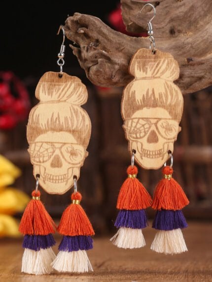 Halloween Skull Tassel Decor Wooden Earrings