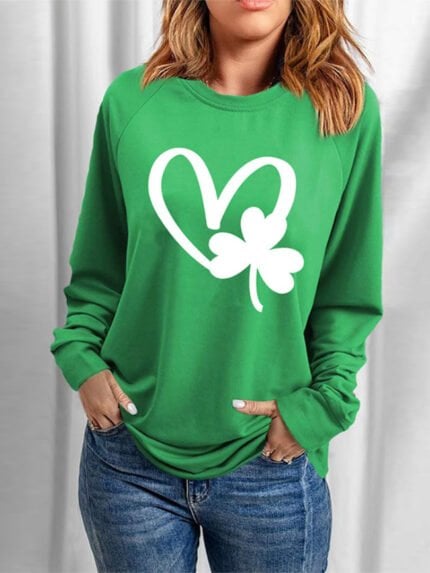 Heart Lucky Shamrock Print Long Sleeve T-Shirt