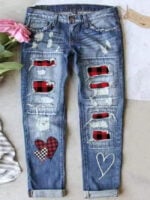 Heart plaid print patch ripped jeans