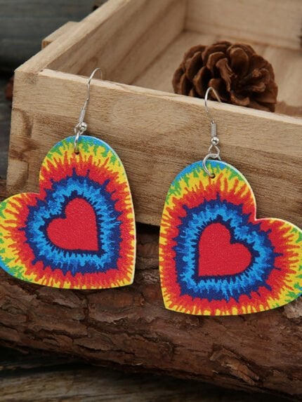 Heart-shaped rainbow tie-dye leather earrings