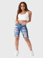 High Elastic Trend Ripped Blue Jeans