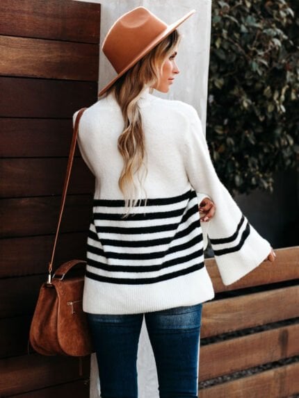 High Neck Ribbed Knit Striped Sweater