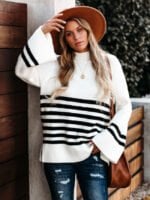 High Neck Ribbed Knit Striped Sweater