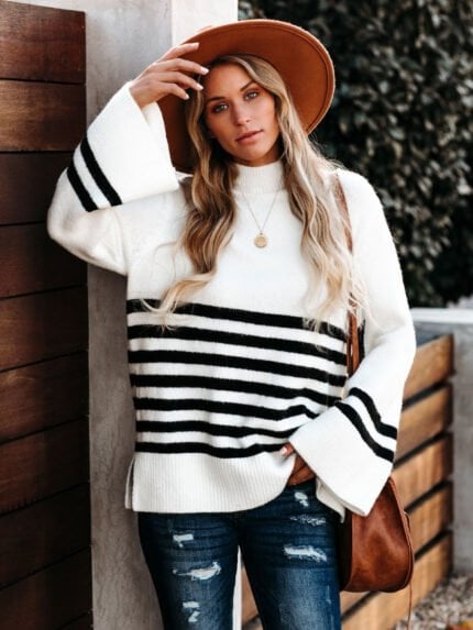 High Neck Ribbed Knit Striped Sweater