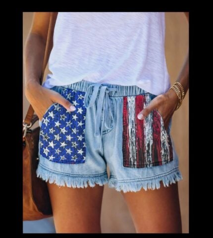 High Waist Drawstring Flag Print Denim Shorts