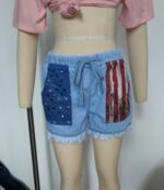 High Waist Drawstring Flag Print Denim Shorts