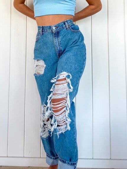 High Waist Ripped Detail Jeans