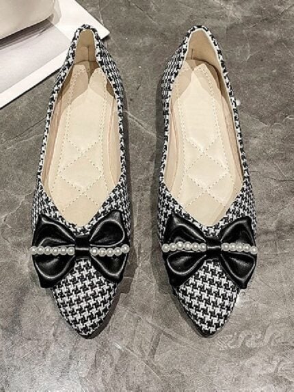 Houndstooth Bow Pointed Toe Shoes