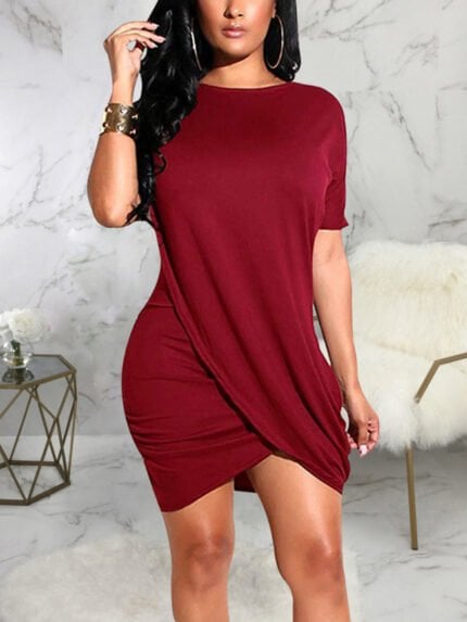 Wholesale Irregular Solid Color Short Sleeve Dress