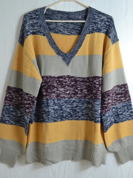 Knit V-neck Stitching Striped Sweater