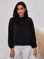 Lace Cutout Long Sleeve Panel Blouse