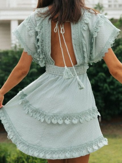 Lace Tie Backless Doll Sleeve Dress