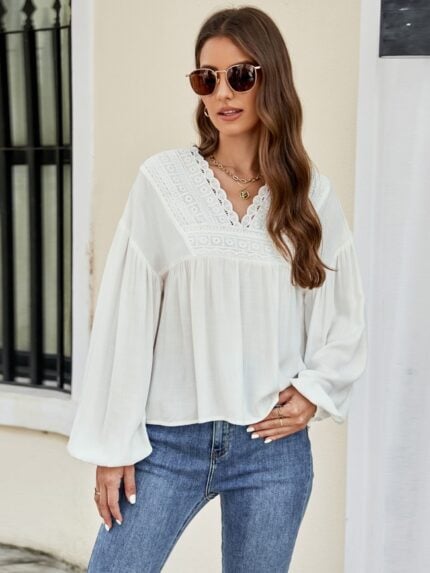 Lace V-Neck Lantern Sleeve Chiffon Shirt Top