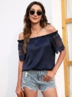 Lace-paneled off-the-shoulder chiffon shirt