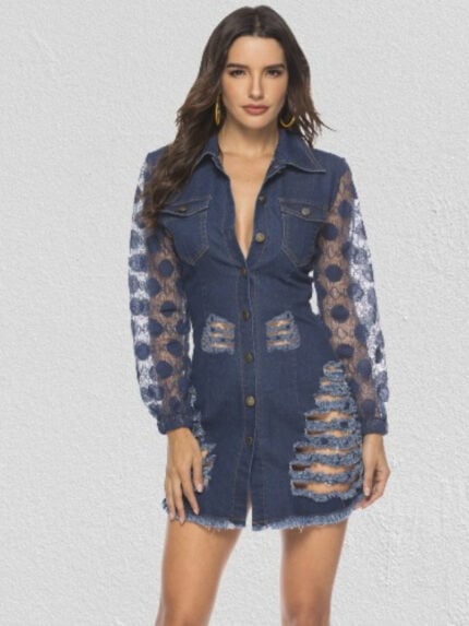 Lace stitching hole denim dress