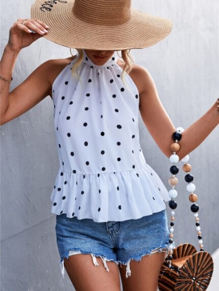 Lace-up Halterneck Polka dot T-shirt-Wholesale