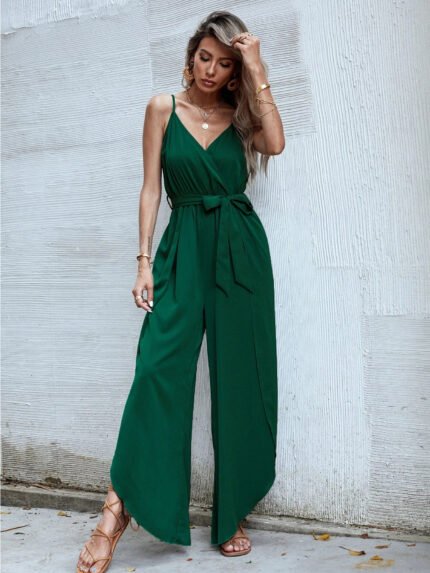 Lace-up V-Neck Sling Slit Jumpsuit