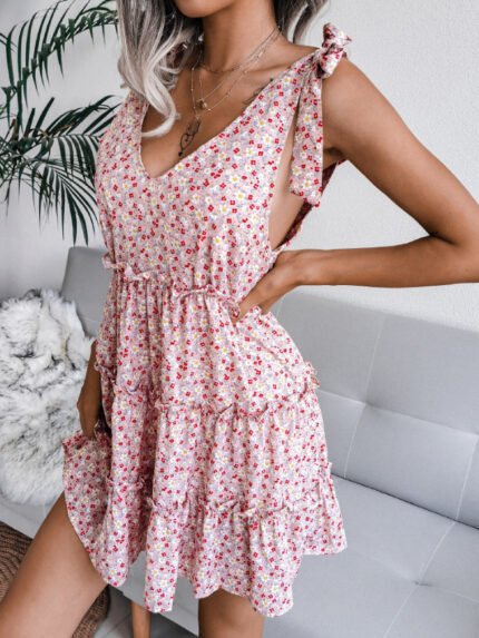 Wholesale Lace-up V-neck floral chiffon dress