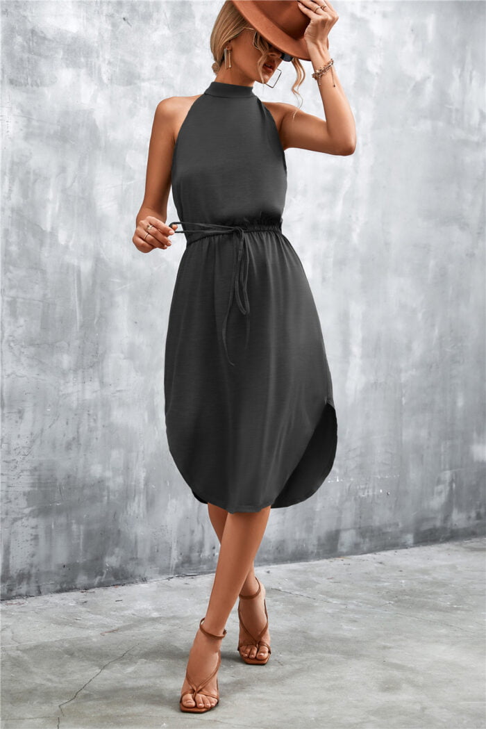 Lace-up halterneck casual slit dress