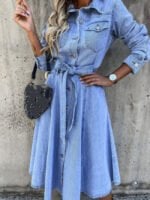 Lapel Button Long Sleeve Denim Dress