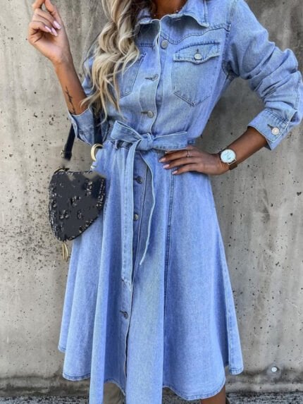 Lapel Button Long Sleeve Denim Dress