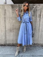 Lapel Button Long Sleeve Denim Dress