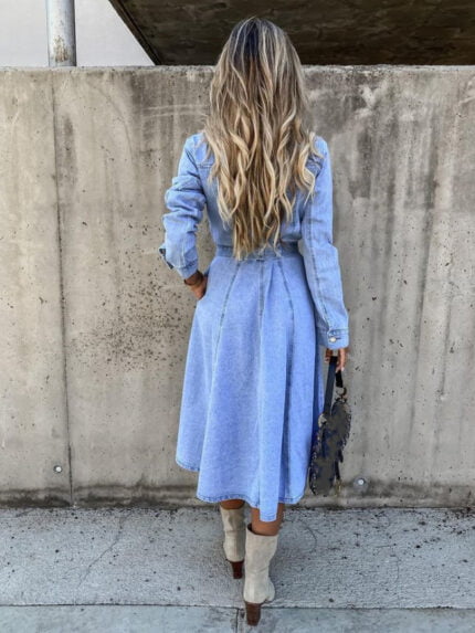 Lapel Button Long Sleeve Denim Dress