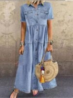 Lapel Button Thin Denim Dress