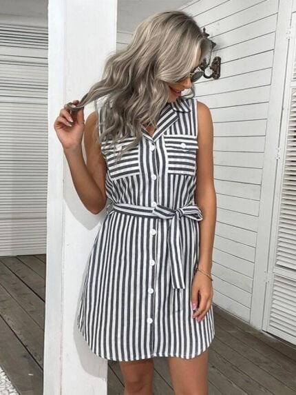 Lapel Striped Shirt Dress-Wholesale