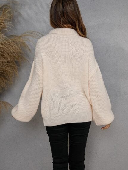 Lapel Zipper Puff Sleeve Loose Sweater