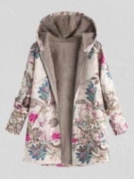 Leaf Print Plush Hooded Coat