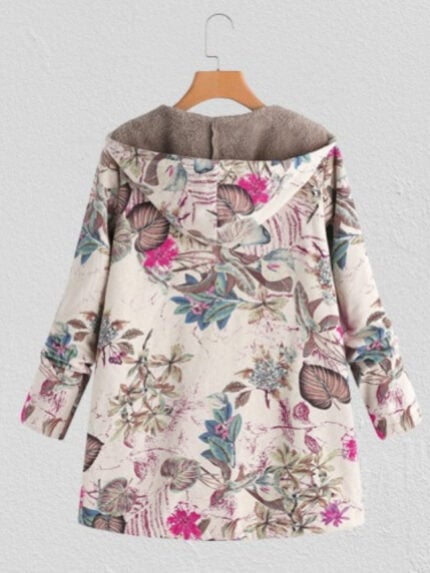 Leaf Print Plush Hooded Coat