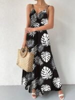 Wholesale Leaf Print V-Neck Slip Dress