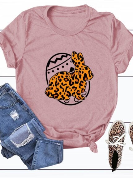 Wholesale Leopard Bunny Print Short Sleeve T-Shirt